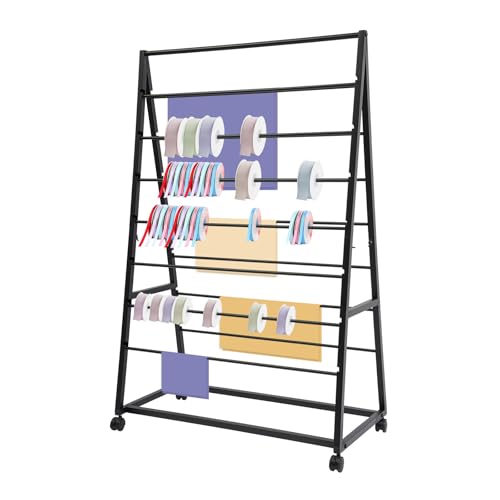 WoShewNu 8-Tier Ribbon Display Organizer with Wheels, Double-sided Ribbon Holder Organizer Rack, Ribbon Storage Shelf for Tie, Scarf, and Belt, Bath Towel
