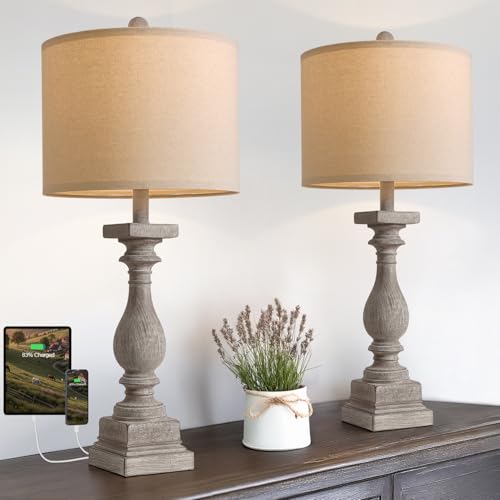 BOBOMOMO 27' Farmhouse Table Lamps with USB-A +C Ports, Vintage Rustic Lamps for Living Room, Linen Shade, Retro Side Table Lamps Set of 2 for Living Room,Bedroom,Night Stands,Office, Home Decor