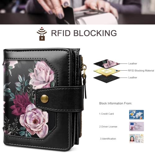 Image of Women Wallet Bifold RFID Blocking Small Credit Card Holder Leather Wallets Cards Case Ladies Purse with Zipper, Night Roses