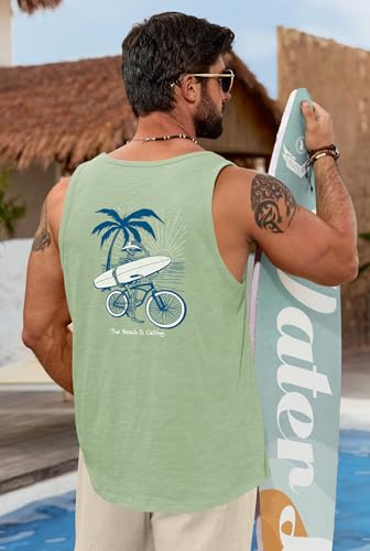 Image of VOGSTART Mens Graphic Muscle Tank Top Beach Slub Cotton Sleeveless Shirts | Design, Print, Casual, Summer, Vacation, Holiday, Surf, Hawaiian, Workout, Vintage, Tropical