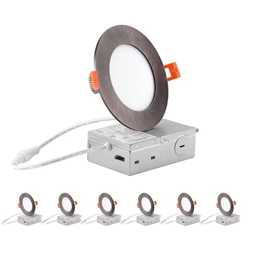 Image of ZYC recessed Lighting 4 inch - 6Pack 9W 800LM High Brightness,5CCT 2700K /3000K /3500K /4000K /5000K Selectable,Ultra-Thin LED Recessed Ceiling Light,Dimmable Canless Wafer Downlight,Pack of 6 Bronze.