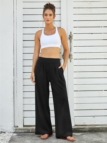 FireSwan Women's Wide Leg Palazzo Pants High Elastic Waist Casual Work Pants Flowy Dress Trousers with Pockets3