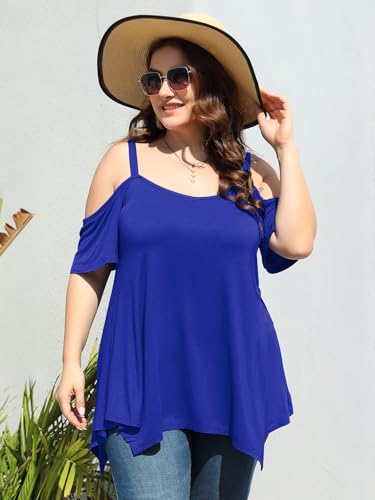 Image of LARACE Cold Shoulder Tops for Womens Summer Clothes Spaghetti Strape Tunic Oversized Shirts Asymmetrical Plus Size Blouse