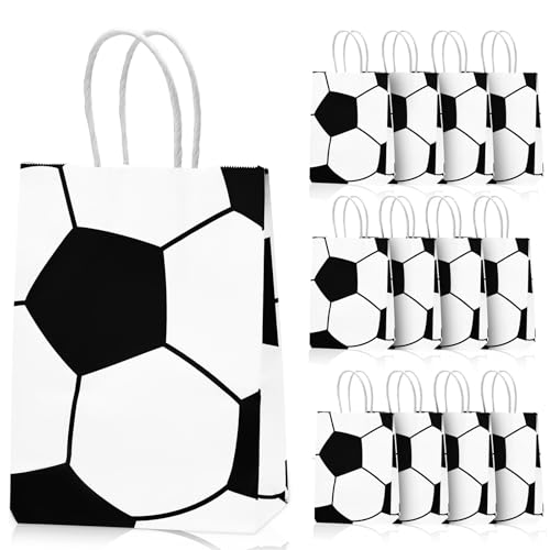 Leezmark 12 Pcs Soccer Party Favor Bags Soccer Themed Party Gift Bags with Handles Paper Gift Bags Soccer Goodie Bags Treat Candy Bags for Kids Adults Soccer Party Supplies