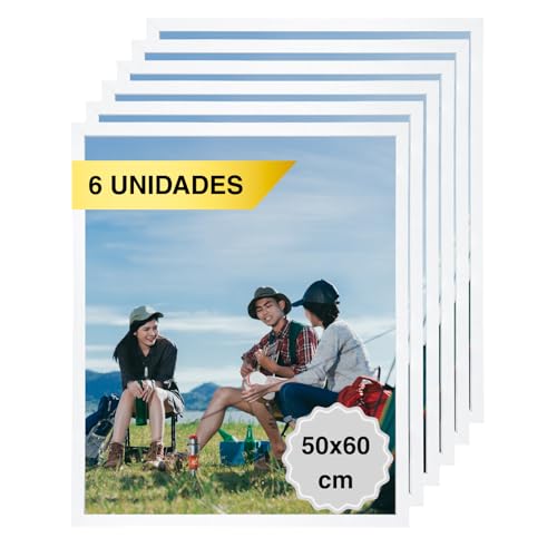 MARCOFOTO - Set de 6 Marcos de Fotos 50x60 cm Color Blanco - Marcos para Cuadros de Madera MDF con Cristal - Marcos Decorativos para Pared - Portafotos Vertical y Horizontal