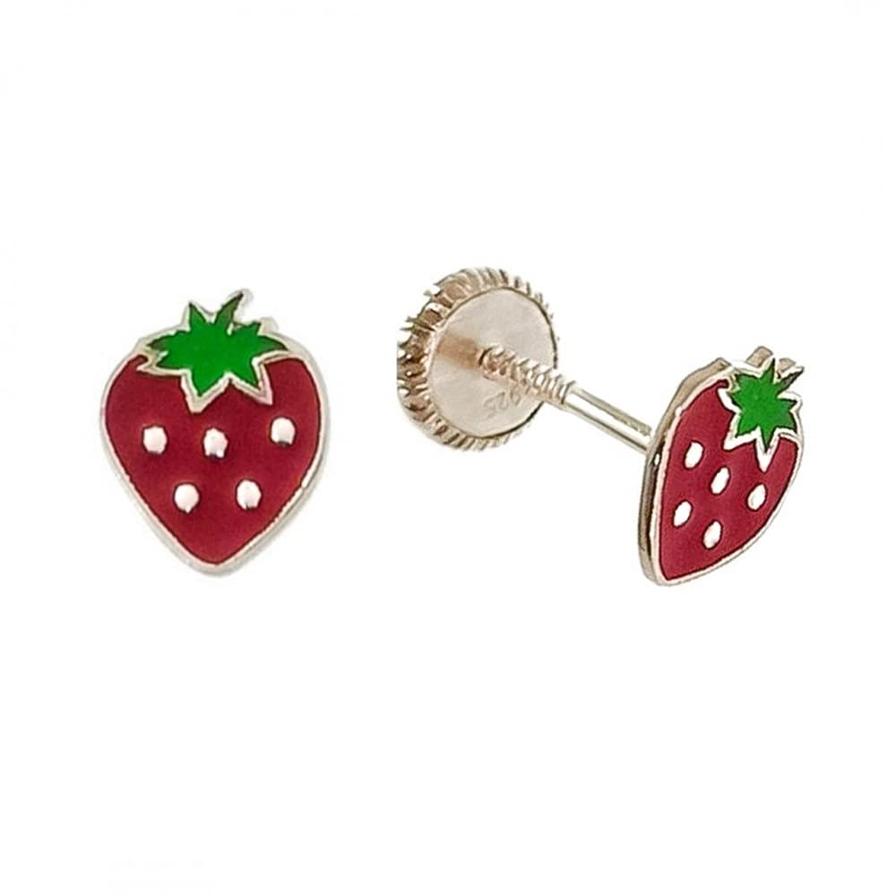 Minoplata Pendientes fresa de Plata de ley 925 con cierre de rosca bebé para niñas