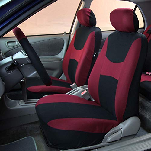 Fh Group Car Seat Covers Combo Full Set With Carpet Floor Mats Steering Wheel Cover And Seat Belt Pads- Universal Fit For Cars Trucks And Suvs (Burgundy) #TOP1