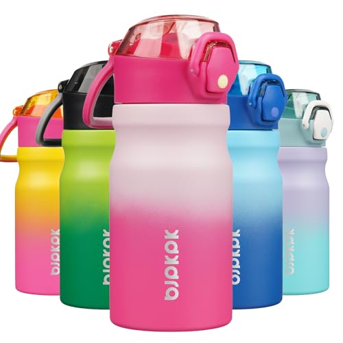 Image of BJPKPK 14 oz Insulated Water Bottle, Straw, Handle, Stainless Steel Flask | Leak Proof Locking Lid, Double Wall Vacuum, Keeps Hot /Cold, BPA Free, Dishwasher Safe, Travel & Sports, Cherry Blossom
