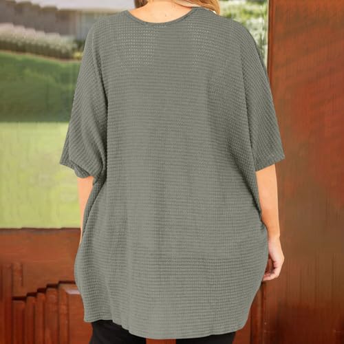 Womens Plus Size Waffle Cardigans Casual Short Sleeve Knit Kimono Coats Fall Oversized Open Front Sweater Tops3