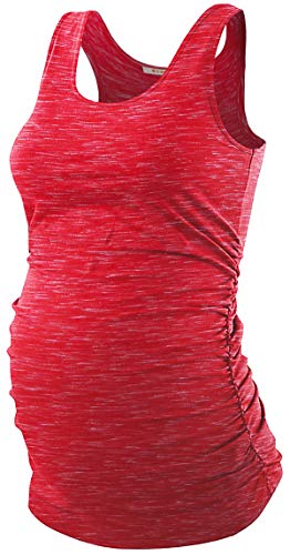 BAIKEA Maternity Side Ruched Tops,Loose Fitting Round Neck Sleeveless Tanks Seamless Maternity Pjs Smocked Soft Baggy Sleeping Casual Daily Home Wear Space Dye Red L