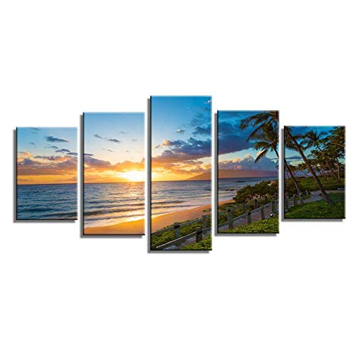 Wailea Beach Sea Sunset Palm Trees Wave Nature Scenery Canvas Wall Art Poster Prints on Canvas in 5 Panels Modern Home Office Living Room Decor, Stretched-Ready to Hang