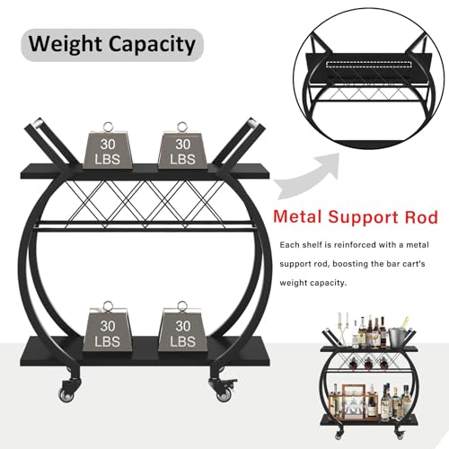 Image of LVB Black Bar Cart with Wheels, Industrial Wine Cart with Storage for Home | Modern Bar Cart with Wine Rack, Beverage Rolling Kitchen Serving Cart, Wooden Microwave Drink Liquor Cart for Dining Room