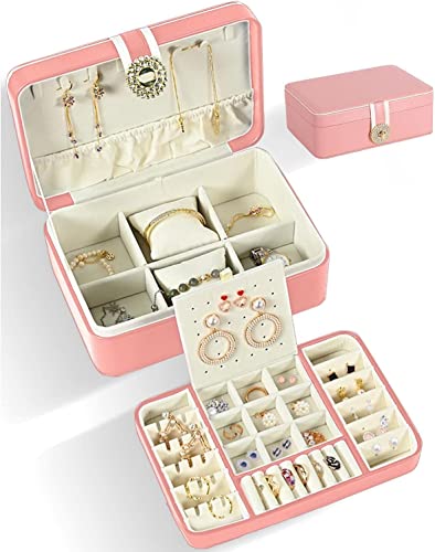 MIXEN Jewelry Organizer Box 2 Layer Jewelry Case, PU Display Case with Ring Tray, Watches Earring Necklace Bracelet Display and Storage Case for Women Girl (Pink)