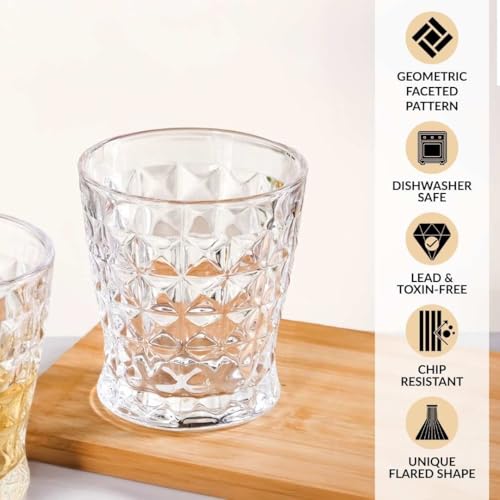 Image of Nestasia Transparent Set of 6 Small Juice Glasses (245 ml Each) - 100% Food Safe & Chip Resistant Raised Square Embossed Tapering Tumblers - Ideal for Water, Tea, Coffee & Refreshments