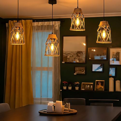 Image of 1 Pack Industrial Hemp Rope Pendant Lamp Shade, Small Vintage Boho Hanging Light Shades, Mini Rustic Metal Cage Lampshade for E27 Chandelier Wall Sconces Ceiling Hanging Pendant Light Fixture