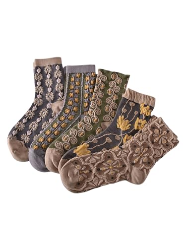 Image of WDIRARA 5 Pairs Ladies Vintage Floral Embroidered Socks