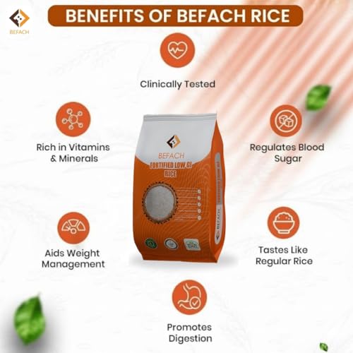 Image of Befach Fortified Low GI Rice | Certified by National Institute of Nutrition | Low Sugar | Low GI | No Pesticides, Non GMO, Perfect for Diet & Diabetic People | 1Kg (Pack of 2)