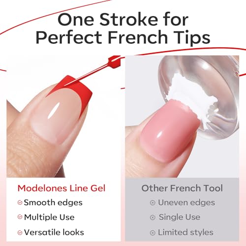 Image of modelones Red French Tip Liner Gel Polish 15ml Built-in Fine Brush | Bright Apple Red Nail Art Gel Paint Swirl Fine Line Design Easy Draw Long Lasting Soak Off U V Cure DIY Home Salon Manicure