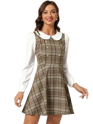 Allegra K Damen-Minikleid mit Peter-Pan-Kragen, Kontrastfarbe, Knopf-Dekor, A-Linie, kariert, Weihnachten, khaki brown, Mittel