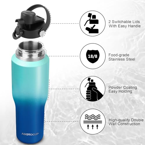 Image of ABOTOCUP Insulated Water Bottle 32oz with Straw /Spout Lids, Stainless Steel Water Bottles Keep Cold 24h&Hot 12h, Metal Water Bottle with Straw that Fits in Cup Holder, Water Bottle Leak-proof,BPA Free