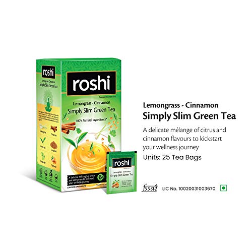 Image of Roshi SimplySlim Green Tea for Weightloss | 25 Teabags | Slimming Tea with Goodness of Lemongrass and Cinnamon for your Belly Fat loss & Fitness regime (Pack of 3)