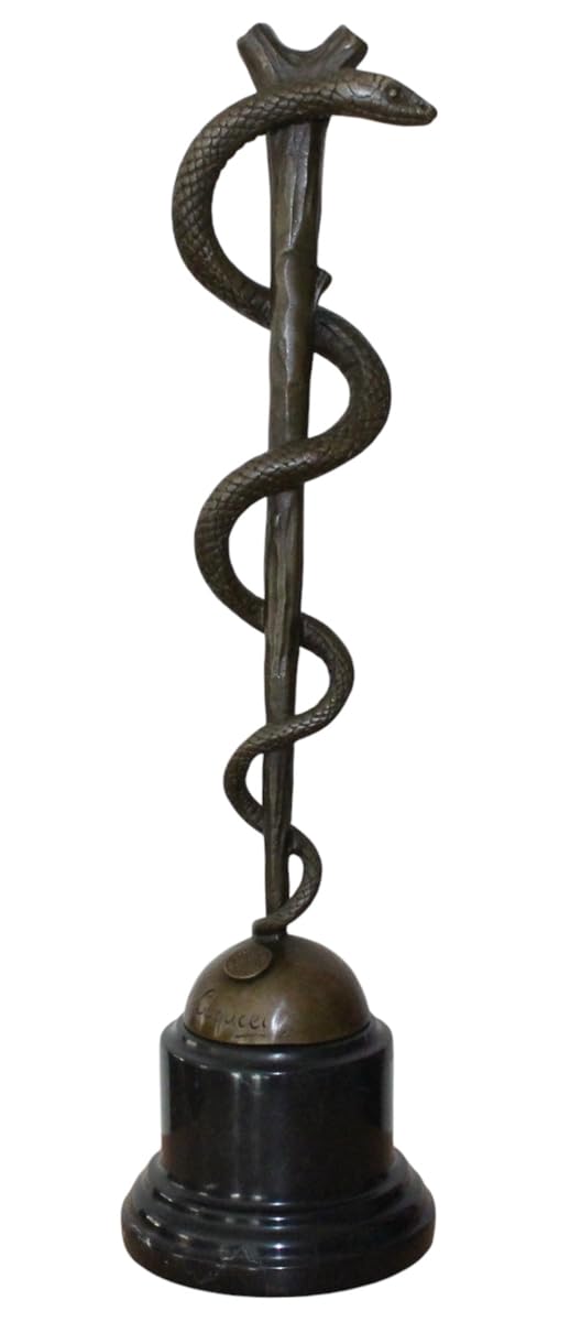 Bronzefigur Bronzeskulptur Äskulapstab Schlange aus Bronze auf Marmorsockel H 38 cm Deko Figur