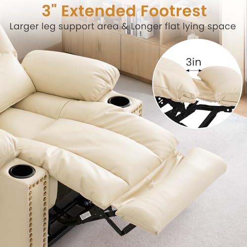 Dual Motor Power Lift Recliner Chair for Elderly, Infinite Position Lay Flat Lift Chair with Massage and Heat,Extended Footrest, Leather, USB Ports, Cup Holders & Lumbar Pillow (Cream (Nailhead Trim)) - Image 4