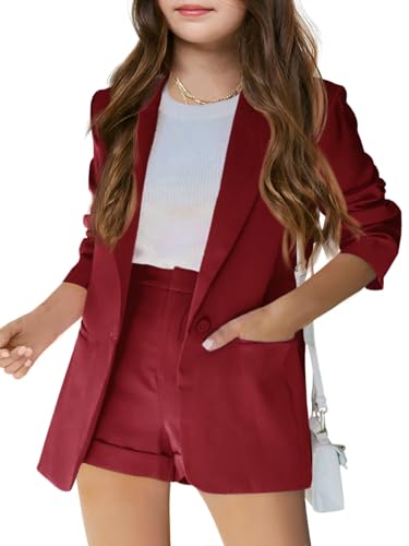 Image of Batermoon Girls 2 Piece Outfits Button Front Long Sleeve Blazer and Short Pants Suit Sets 4-14 Years