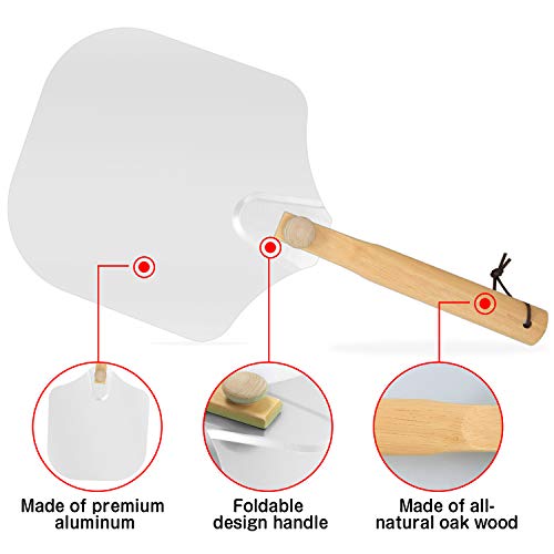 Aluminum Metal Pizza Peel, Pizza Spatula for Pizza Stone with Foldable Wood Handle Easy Storage Pizza Paddle for Baking Homemade Pizza Bread (12 Inch x 14 Inch)