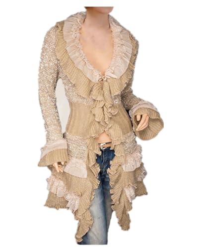 Image of Womens Vintage V Neck Ruffled Asymmetric Cardigan Sweater Outwear Coat