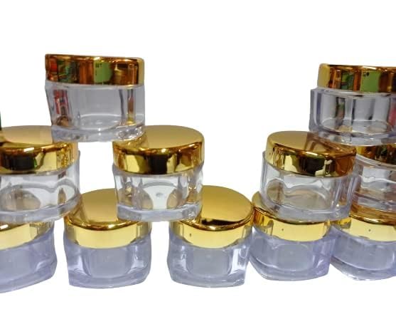 shree maha 15 gram cosmetic sample containers with lids empty small makeup jars plastic bpa free color-gold transparent, pack of 12 piece