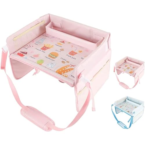 Diggly ベビーテーブル チャイルドトレイ アップグレード版 固定バンド付き テーブル チャイルドシート 座席サイドテーブル お絵かきテーブル ボトル 子供用車 おもちゃ収納ポケット 食事遊び 読書 持ちやすい おでかけ 旅行に大活躍 (ピンク)