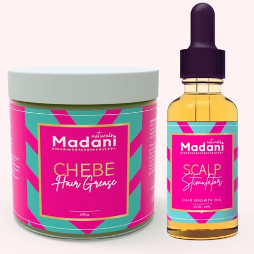Madani Naturals Hair Growth Combo Set Chebe Hair Grease and Scalp Stimulator Oil 2oz for Length Retention Hair Loss and Repair with Rosemary & Fenugreek