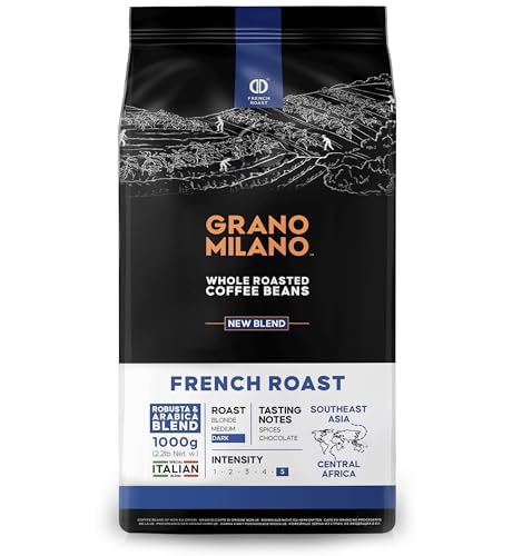 Grano Milano French Roast Robusta & Arabica Coffee Beans 1kg Extra Strong Dark Roast Espresso Intensity 5/5 Southeast Asia & Central Africa Origins Made in Italy