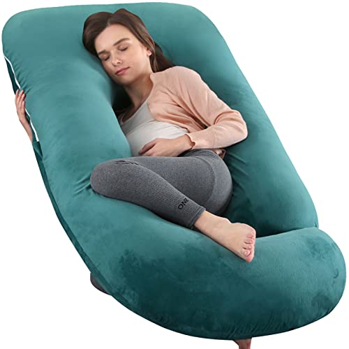 Image of U-Shaped Full Body Pregnancy Pillow for Sleeping - 57 inch Maternity Pillow with Removable Cover, Support for Back, Legs, Belly & Hips (Velvet-Dark Green)