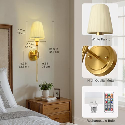 Image of DORESshop Battery Operated Wall Sconce Set of 2, 10 Color Wireless Wall Light Easy to Install, Sconce Wall Decor Set of 2 for Bedroom, Living Room, Pleated Fabric Shade, Gold, 24.6in