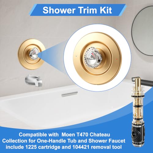 Image of Shower Trim Kit, Compatible with Moen T470 Chateau Shower Trim Kit, With Dual Seal Replacement Cartridge, 104421 Removal Tool, Escutcheon, Shower handle, Tubes and Screws, Gold