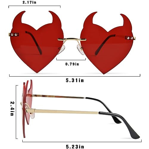 QZUnique Halloween Bat/Heart Sunglasses for Women - 2 Pairs Halloween Rimless Glasses Devil Heart Sunglasses Goth Accessories3