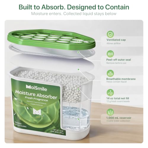 Image of Large Moisture Absorber Buckets, 6 Pack, 14 oz Each, Fresh Scent | 14 oz Net Fill with 12 g Fresh Scent Beads; Visible Water Collection; Up to 90 Days; For Bathrooms and Closets