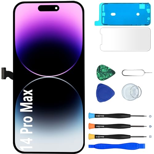 MP+ LCD für iPhone 14 Pro Max Display Reparaturset [Face ID] LCD Bildschirm Ersatz mit 3D Touch und Vormontiertem Rahmen inkl. Werkzeug & Kleber Reparatkit