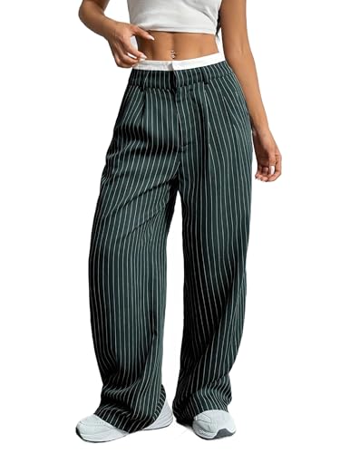 Women's Striped High Waist Wide Leg Pants Loose Color Block Straight Leg Suit Trousers with Pockets Casual Office Work