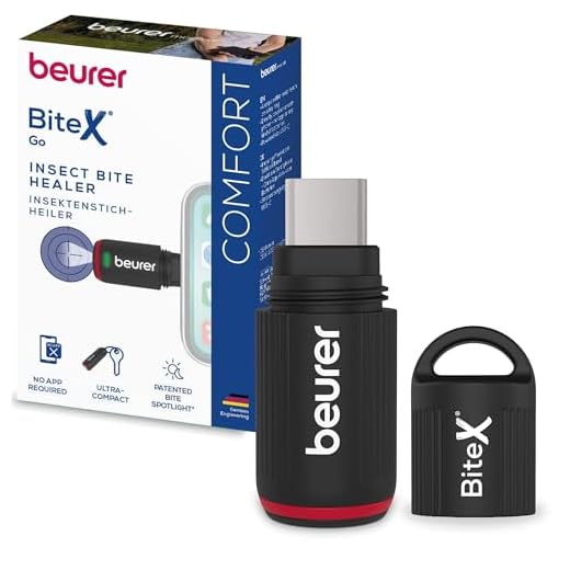 Beurer BiteX Go Deep Black Insektenstichheiler für Smartphone, Mückenstich Hitzestift gegen Juckreiz & Schwellungen durch Wärme, elektrischer Stichheiler Handy für Android & iPhone (USB-C), mit Licht
