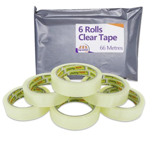 Bag Market | 6 Rolls - Cellotape 24mm x 66m Heavy Duty Sticky Packaging Tape - Crystal Clear Adhesive Parcel Packing Tape for Tape Dispenser, Tape Gun & Cardboard Boxes - 1 Inch Sellotape, 66 metres