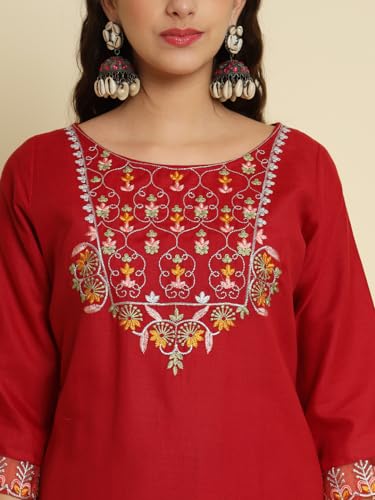 Image of VredeVogel Women's Cotton Blend Kurta Pant Set with Chanderi Silk Dupatta