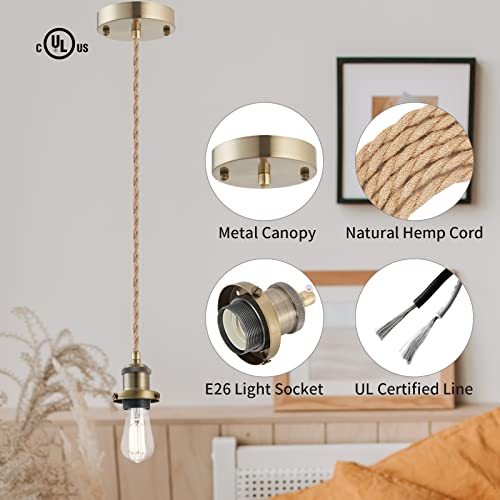Image of Industrial Mini Pendant Light Kit, E26 Socket Pendant Hanging Light, Hemp Rope Vintage Hanging Pendant Light Cord, Adjustable Pendant Lights Ceiling Mount Kitchen Island Farmhouse