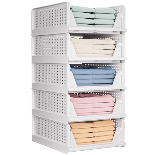 5 Pack Folding Closet Organizers Storage Box, Stackable Storage Bins, Plastic Drawer Basket Closet Storage for Wardrobe Cupboard Kitchen Bathroom Office White-5L