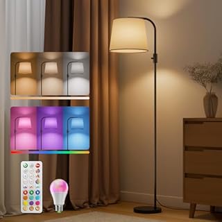 VARICART LED Floor Lamp for Living Room, Arc Dimmable Standing Reading Lamp with a 10W RGBCW Colour Changing Bulbs, Black Modern Tall Lamps with Lampshade for Bedroom Office Kid Room