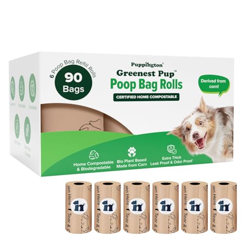 Image of Puppington Certified Home Compostable Poop Bags - ASTM D6400 Compliant - 90 Extra Thick Bags - Plant Based - Pairs with Puppington 3-in-1 Bag & Fits all Standard Poop Bag Dispensers (Latte Beige)