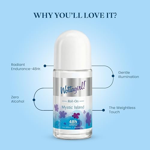 Image of Wottagirl Mystic Island Underarm RollOn for Women | Fruty and Floral Deodorant | 48H Odour Protection | Alcohol-Free, Gentle Formula | 100% Vegan | 50ml | Alcohol-free 48H odour protection with fruity floral fragrance. 100% vegan formula.