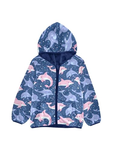 Cute Dolphin Pink Purple Girls Fleece Jacket Girls Fall Jacket Boys Coats Zip Up Hoodie Children Sherpa Warm Outerwear 2-10T